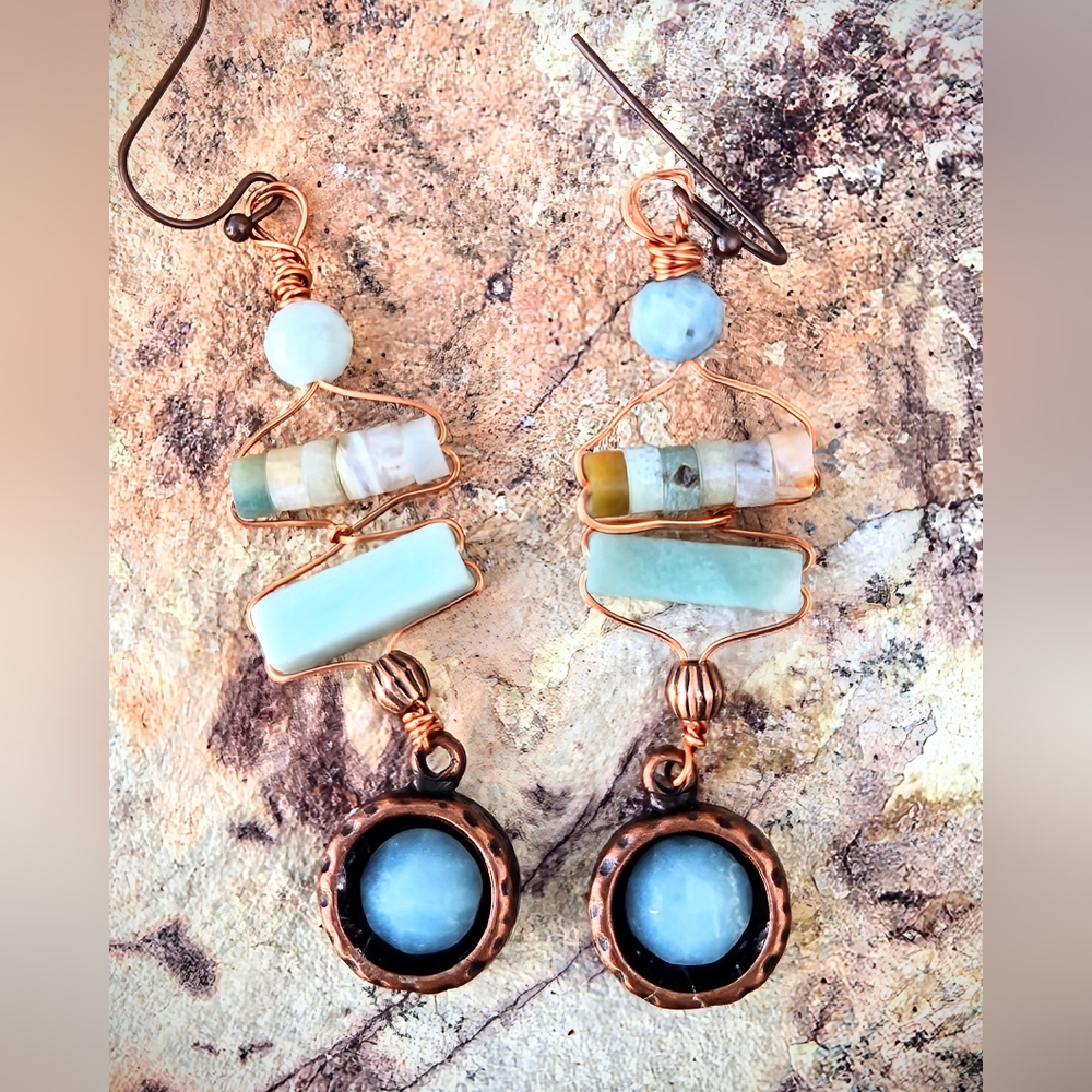 Natural Amazonite In The Scythian Spirit Set In Antique Copper Artifact Earrings